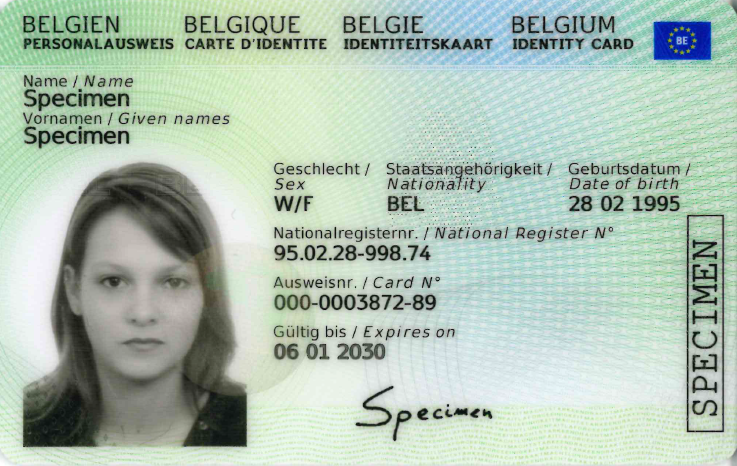 Abbildung der Vorderseite des belgischen elektronischen Personalausweises EU